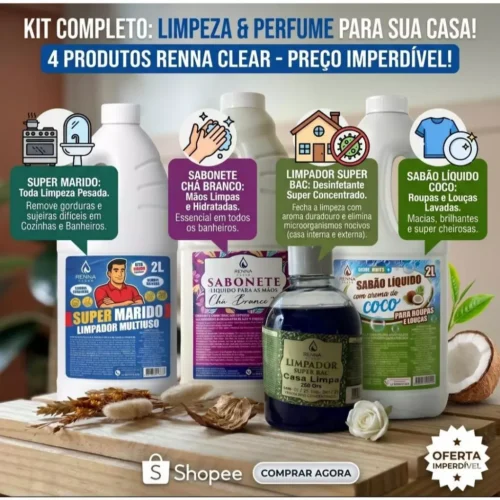 3º-Kit Limpeza Completa Renna Clear - Super Marido + Sabão Coco + Sabonete + Desinfetante Super Bac